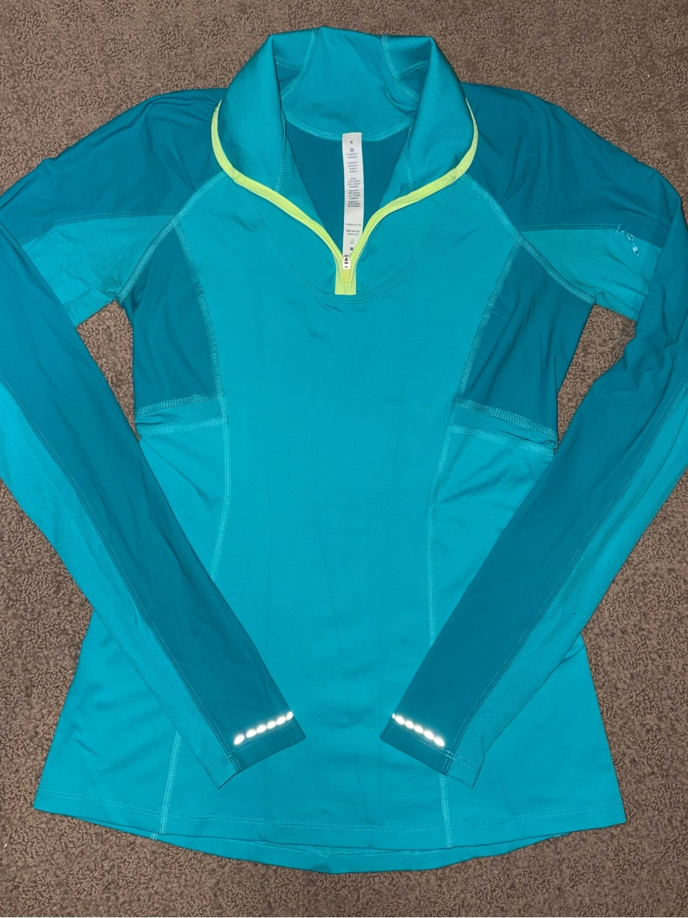 lululemon athletica Teal Quarter-Zip Long Sleeve Top with Yellow Trim, Size 4